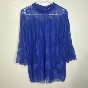 Shannon Ford New York Blue Mesh Lace Top Shirt Bell Sleeve Blouse Plus Size 2X